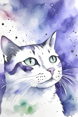 painting of a whole cat, in the center of the picture with space around it taking up only one third of the image, in watercolour, in the background a purple sky with stars and northern lights, splatter, art, aquarell, pastell, ink, soft, negative space, white outlines