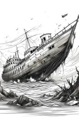 Drawing of a destroyed ship sunken at sea
