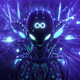 3D infinity symbol ∞ on alien's forehead, infinity figure-of-eight symbol is totally-symmetrical and glowing, exotic, neon, alien, inspiring, fantasy, scientific, friendly, beautiful, octane render, 8k post-production, artstation: award-winning: atmospheric: commanding: fantastical: clarity: 16k: ultra quality: striking: brilliance: liquid medium: stunning colors: amazing depth; lens: f/8, 28mm