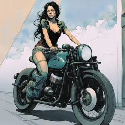 create a highly ethereal, darkly magical full body illustration of a dark haired girl on her motorcycle, with highly detailed and deeply cut facial features, in the style of KATHE KOLLWITZ combined with the comic art style of BILL SIENKIEWICZ and JEAN GIRAUD MOEBIUS, searing lines and forceful strokes, precisely drawn, inked, and darkly colored