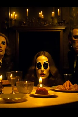 Spooky, ultra realistic distress, dining, ultra realistic hot woman, nose, giant eye on a table, organic hot bondes, bredst, dynamic, anguish, Stanley Kubrik Eyes wide shut, excited and lively scene, hypermaximalist figures, Creepy the Ring Alfred Hitchcock, Sam Raimi, insanely detailed, sinister, John Carpenter, Dario Argento, ornate