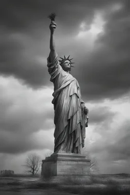 surrealis monochrome A fragmented, surreal the Statue of Liberty without the head , liquid color of photorealistic image 3d, psychedelic The tree appears pale with deep cracks and intricate , with the gold mengkilat cracks, set against a backdrop of stormy, cloud-filled skies. bauhaus art The overall tone is dark and moody, suggesting themes of decay and transformation