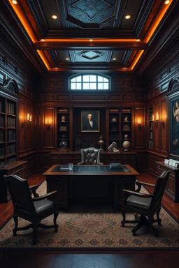 Picture of a study with mahogany panelled walls and a large desk, photorealistic, dark fantasy, 4k
