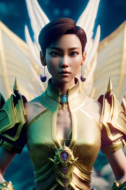 Chun-Li with short hair and dragons wings wearing only dragon scales,mythical,fantasy , magnificent, majestic, highly intricate, Realistic photography, incredibly detailed, ultra high resolution, 8k, complex 3d render, cinema 4d.