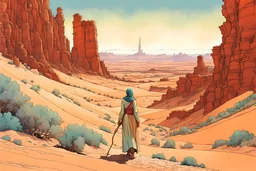 create an abstract expressionist portrait of a nomadic shepherdess inhabiting an ethereal desert canyon land in the comic book style of Jean Giraud Moebius, David Hoskins, and Enki Bilal, precisely drawn, inked, and colored