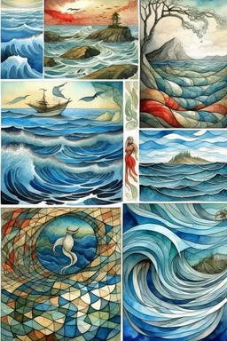 stormy sea, glorious nature watercolor patchwork by Picasso and Jacek Yerka and Daniel Merriam and Enki Bilal