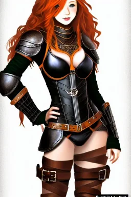 concept illustration, super-detailed, strikingly beautiful teen female, 16 years old, loli, long ginger hair, medium freckles, full lips, full body, full face, b-cup breasts, athletic, centred camera, ignore NSFW, skimpy brown fantasy leather armor, halter top, micro thong, knee-high leather boots, open leather tasset, stern expression,