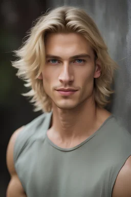 Perfect 20 year old naked blond man, amazing beauty, blond hair, shoulder length, blue eyes, tall and strong body, male face, with an ironic smile