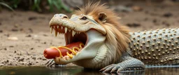 lion alligator eating albino hot dog