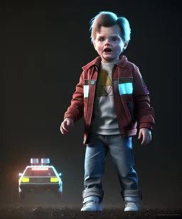 Marty mcfly toddler, full body, delorean, dramatic lighting, hyper realistic