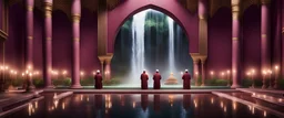 Hyper Realistic people praying inside a huge maroon wall mosque with waterfall, grass patches & small water ponds at night with small chandeliers