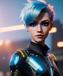 Cyborg anime warrior, light blue hair, pixie hairstyle, yellow eyes, waist up portrait, 8k resolution, intricate details, ornate details, soft lighting, vibrant colors, retroanime, masterpiece, intricate eyeliner, dark eyeshadow, eyes, intricate tattoos, futuristic cityscape background