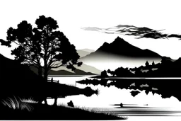 silhouette white background of beatuful scenic picture lake distric cumbria from a distance scenery painting