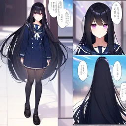 Clear focus,High resolution,High quality, Black long fluffy hair, long bangs, and purple eyes, wearing a sailor uniform, Full body, Medium Close up, High quality comic