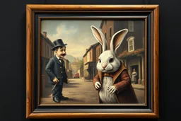 Real Charlie Chaplin in front of the frame, and town major troll mouse rabbit in style of Rembrandt and Fallout 4, with motion blur, all on a painting on wall with black wooden frame and with black wall background