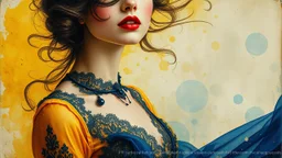 old worn layered canvas, mixed media, multiple exposure, layered, embossed, fine art luminous soft watercolor, glitter, luminosity, highlights, gold fragments, shine, light effects, medium plan, Venetian Gothic woman in YELLOW and dark BLUE airy dress, Red lips, lace, fur, fluffiness, wind, airiness, layered, blending, textured, surrealism, 3D, 8K, best quality, fine rendering, high detail, hyperrealism, high resolution, high definition, highest focus, hyper sharpness, hyperfocus, vignette
