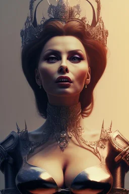 Sophia Loren as evil queen in black leather, cleavage, dominatrix, angry, stern look. character design by cory loftis, fenghua zhong, ryohei hase, ismail inceoglu and ruan jia. unreal engine 5, artistic lighting, highly detailed, photorealistic, fantasy