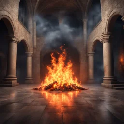 Hyper realistic fire burning inside a castle hall giving it a haunted view with raining fireballs at night between mountain