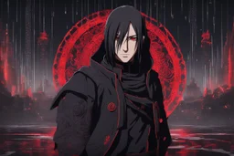 Itachi Uchiha in 8k nier automata artstyle, 2D anime them, Uchiha Custom, neon effect, close picture, rain, fantasy world, intricate details, highly detailed, high details, detailed portrait, masterpiece,ultra detailed, ultra quality