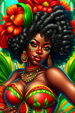 Create a digital airbrush cartoon of a curvy African American female wearing carnival outfit that's red, black and green. Prominent make up with hazel eyes. Highly detailed very long extremely curly black hair. Her skin is smooth and silky. Background of a judge full of colorful flowers