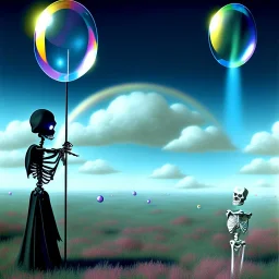 The Grim Reaper and the Skeleton on bubble world, discussing the future of the universe, art by Magritte and Pixar