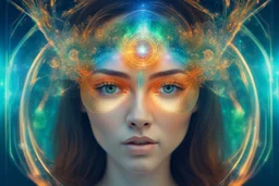 Holographic Virtual Reality Face Beauty, Double Exposure, Clear Lines, Blue, Green, Gold, Orange, 64K, High Definition, Relaxation, Luxury, Dream World, Calm Beauty, Symmetry, Fantasy World, Magic, Beautiful Composition, Exquisite Detail, Lens 135 mm