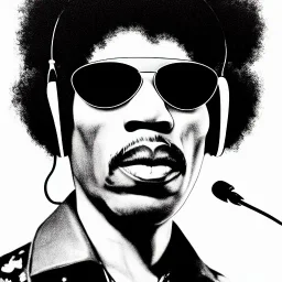 a realistic portrait of Jimi Hendrix at a turntable with headphones on being a DJ, vivid color, with sunglasses