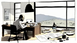 الصورة تعرض ستيف جوبز وهو جالس في مكتبه الخاص، وراءه نافذة تطل على مناظر طبيعية هادئة. يظهر جوبز وهو يرتدي ثوبًا بسيطًا ويتلقى مكالمة هاتفية بينما يعمل على جهاز كمبيوتر محمول. يتسم وجهه بتعابير التفكير العميق والابتسامة الخفيفة، مما يشير إلى تركيزه الشديد وتفكيره الابتكاري. على مكتبه، يمكن رؤية مجموعة من المخططات والنماذج المصغرة لأجهزة تكنولوجية، مما يظهر اهتمامه بالتفاصيل والتصميم المميز. كما يمكن أن نلاحظ تواجد كتب وأدوات كتابة، مما يشير إلى تطلعه المستمر للمعرفة والابتكار. الإضاءة في الصور