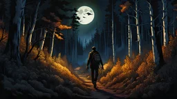 A decaying, gaunt, shuffling zombie walks down a long, overgrown trail in an aspen forest at night under a large, amber moon, cel-shaded, hyperrealistic, ultra-detailed digital illustration, deep, dark colors, color sketches, horror art, moody, atmospheric, claustrophobic, sharp focus, liminal spaces, illuminated.