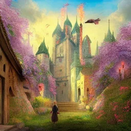 Epic Castle into sky, with flowers of fire. Green clouds and birds. Shy girl going out of the main gate. Detailed painting, sharp color, medieval, intricate detail, far sceen, realistic colors, medieval concept art. spring.