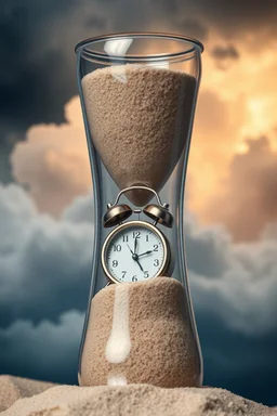 Sands clock with filled with a small tiny analog alarm clocks and digital clock in the background of cloudy stormy with the universe background look like time within time for eternity , great picture with high resolution and 4k quality