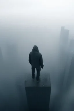 A hooded figure In the fog standing on city high tower building looking down below to the big crowded city buildings