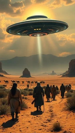 The pilgrims walking in the desert with caravans show a ufo mother ship hovering in the sky