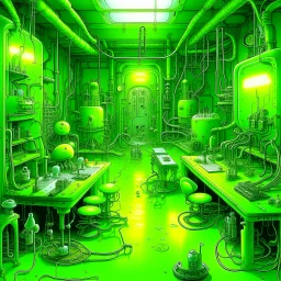 A lime green cybernetic laboratory with slimy bugs painted by Edward Hicks