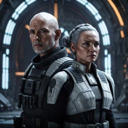 a bold and heroic bald male Corellian pilot in black and grey First Order special forces gear meets a female Jedi Master in ancient, mystical temple, hyperdetailed, dynamic lighting, hyperdetailed background, 8k resolution, volumetric lighting, light skin, fully symmetric details