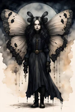 Jean-Baptiste Monge style 19th century hand drawn full body portrait dark gothic fantasy illustration of a walking hybrid Giant moth goth girl, with highly detailed facial features with large sad eyes, drawings, 8k, vibrant natural colors, otherworldly and fantastic, ink wash and watercolor