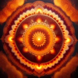 Hyper Realistic Photographic-View of a Glowing-Golden-With-Orange-Yellow-&-Maroon Mandala.