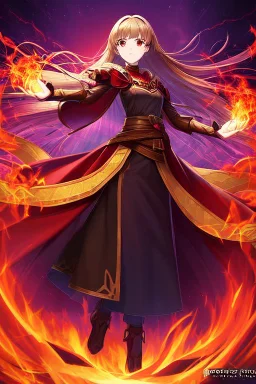 full body picture of a princess with brown waist length hair, fire powers in hands, powers, magic, fantasy, spell, dark, wearing black and red, evil looking, red eyes, smirk, confident, Unreal Engine, HDR, anime, high resolution, hi res, detailed