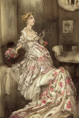 beautiful woman in romantic floral dress is ironing in a luxurious room by Jean-Baptiste Monge, watercolor and ink