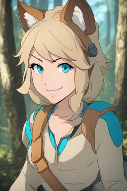 Young woman with dirty blonde hair, cougar ears, vivid light blue eyes, freckles, wearing animal hides, smiling, smirking, forest background, RWBY animation style