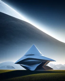 casa pequeña en una pendiente, ciencia ficción, estilo Zaha Hadid, calidad ultra, arte digital 3D, 8k