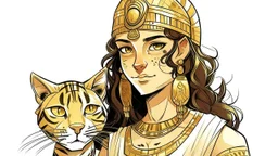 Illustrate a girl with a cat-like face and Cleopatra-style attire against a white background, using a Paleolithic art style.