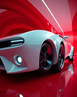low view angle shot down from upper left front and showing the full vehicle, a 60s futuristic prototype muscle car, large close up a beautiful look up modern is decorated with red abstract, all red background, fisheye lense, vray, raytracing