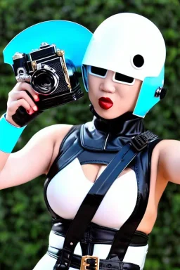 Cyber-punk style camera-mask. Large fencing mask covers cheeks. Trim girls. Reflective white plastic skin. Camera lenses as eyes. Head full of integrated old-fashioned cameras. Golden to cyan surfaces body, latex. Perfect body, thick thighs and calves. Asa Akira. Selfies with old-fashioned cameras in both hands. Wide hip, skirt bleats nicely. Camera at mons veneris and nipples. Partly symmetrical. Three Cameras hanging on wide plastic belt. Euclidean 3D-tiling. Fractal-camera-lens.Minimalism