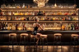 a chic and stylish fashionable lady sitting on tall barstools at a vintage bar, viewed from the back. On the counter in front of she stands a cocktail, pale lights. The bar backdrop features rows of bottles and glasses on shelves and in vitrines. high detalied, high realistic, professional photo