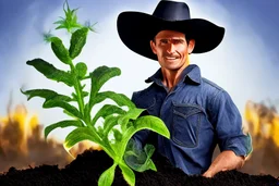 cowboy holding a plant growing in biochar. Biochar background