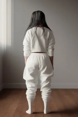 Billie Eilish, kneeling, underpants, white socks, rear view, pale skin, high detail, realistic, 8k, not to be distinguished from a photo