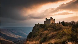 huge ruined castle in the distance overlooking a valley, on a cliff top, warm-toned stormy clouds