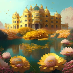 A very large palace made of flowers with a yellow river