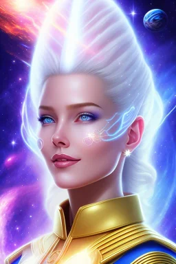 young cosmic woman admiral from the future, one fine whole face, large cosmic forehead, crystalline skin, expressive blue eyes, blue hair, smiling lips, very nice smile, costume pleiadian,rainbow ufo Beautiful tall woman pleiadian Galactic commander, ship, perfect datailed golden galactic suit, high rank, long blond hair, hand whit five perfect detailed finger, amazing big blue eyes, smilling mouth, high drfinition lips, cosmic happiness, bright colors, blue, pink, gold, jewels, realistic, real